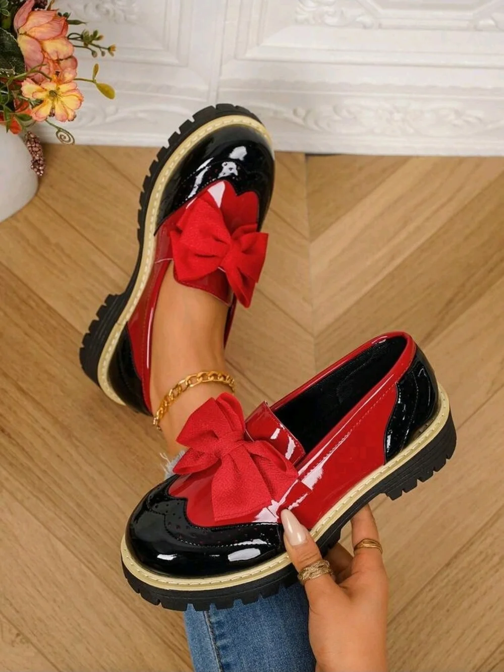 SHEIN Red and Black Patent Bow Platform Loafers